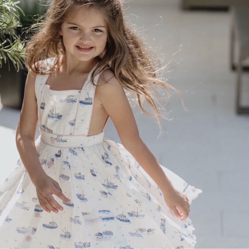 SweetHoney Kids Pinafore Dress - White with Blue Boat Print